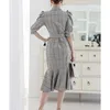 Summer Korean Plaid Double-breasted Long Mermaid Dress Women Short Sleeve Notched Collar Sashes Ol Style Vintage Vestidos 210513