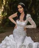 Luxury Mermaid Long Sleeve Wedding Dresses 2022 Tiered Ruffles Wave Cathedral Train One-shoulder Princess Outdoor Bridal Dress