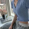 CHIC Korea Sexy Wood ears Open Buttons V neck Short sleeve Tee Women Knitted Hollow Out Tight t shirt Crop Tops Knitwear 210429
