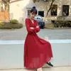 Casual Dresses 2021 Spring Women Chiffon Sexy Red Dress Vintage Printed Dot Long Sleeve V-neck Loose Boho Vestidos Plus Size 4XL