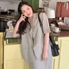 Korejpaa Dames Sets Zomer Koreaanse Chic Retro Temperament Revers Twee Knop Short-Mouwen Blazer Hoge Taille Bag Heup Rok 210526