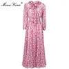 Fashion Designer Summer Holiday Pink Long Dress Women's Elegant Bow tie Lantern Sleeve Floral print Chiffon 210524