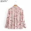 Damesmode Pink Flower Print Casual Chiffon Smock Blouse Office Dames Shirts met lange mouwen Chique Blusas Tops LS7678 210416