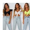 Seksowne Kobiety V-Neck Długi Rękaw Rękawy T-Koszulka Crop Topy Solid Slim Bow Tie Przednie Krótki Summer Beach Bowknot Bandaż