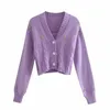 flower embriodery purple cropped cardigan sets women vintage knitted oversized autumn winter mohair sweater cardigan 210415