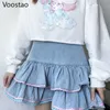 Söt lolita stil mini kjolar kvinnor hajuku söta preppy jk denim japanska tjejer sexig punk hög midja tiered 210629