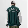 Mäns Varsity Uniform Baseball Jacket PU Läder Ärms Single Breasted Appliques Bomber Broderi Patches Casual Coat 211110