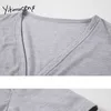 yitimucengボタンアップTシャツ女性原宿ティーVネックグレーブラックホワイトトップス夏韓国のファッションニットTシャツ210601
