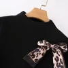 Frühling Frauen Leopard Print Bowknot Dekoration Strickpullover Femme Mock Neck Langarm Pullover Casual Lady Slim Tops SW968 210430