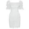 Verão mulheres celebridade noite branco laço vestido de festa vestidos elegante colarinho quadrado puff manga bodycon magro mini vestidos 210519