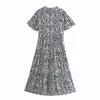 Frauen Mode Schwarz Weiß Gedruckt Midi Kleid Weibliche V-ausschnitt Kurzarm Knopf Ausgestelltes Saum Sommer Kleider Robe 210520