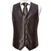 Mens Classic Brown Solid Jacquard Folral Silk Watistcoat Vests Handkerchief Tie Vest Suit Square Square Set Barry.Wang Men's Stra22