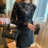 Fashion Women Printed Lace Mesh Blouses Long Sleeve Round Neck Flocked Sexy Slim Bottoming Shirt Pullover Blusas Mujer 10769 210518