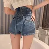 Drawstring High-Low Waist Kvinna Denim Shorts Knapp Flyga Slim Empire Bomull Byxor Sexig Skinny Korta Jeans Med Fickor Partihandel 210809