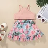 Summer Dzieci Zestawy Dorywczo Pasek Pink Solid Tops Ruffles Drukuj Kwiatowy Spódnica 2 sztuk Dziewczyny Chłopcy Ubrania Zestaw 0-3T 210629