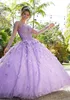 Sparkly Lilac Quinceanera платья 2022 с длинным рукавом кружева 3D цветы блестки бусины горный хрусталь принцесса вечеринка сладкое 15 бальное платье платье Vestidos de 16 Años Brinthday