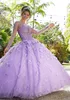 Parlak Leylak Quinceanera Modelleri 2022 Uzun Kollu Dantel 3D Çiçekler Payetler Boncuk Yapay Elmas Prenses Parti Tatlı 15 Balo Elbisesi Vestidos De 16 A￱os Brithday