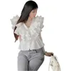 Diseño de verano, blusa sin mangas con cintura delgada y volantes con cuello en V para mujer, tops de talla grande SML235l