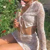 Set coordinati da donna sexy in pizzo floreale con maniche lunghe cardigan corto + mini gonna fasciatura abiti trasparenti in rete 210517