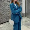 Spring Fashion Blue Blazer and Pants 2 Piece Set Women Office Business Wear Corduroy Suits with Pockets Plus Size for Lady 210527