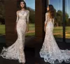 Champagne Fodral Mermaid Bröllopsklänningar Lace Beaded 3/4 Långärmad Illusion Top Bohemian Country Bridal Dress Vestido de Noiva