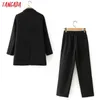 Tangada Kvinnors Set Black Work Suit 2 Piece Set Kvinna Notched Collar Jacket Ladies Blazer Byxor sätter da110 210609