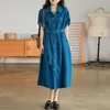 Johnature vrouwen denim shirt jurken turn-down kraag korte mouw vintage kleding zomer blauwe knop riem casual jurk 210521