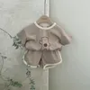 Koreańska odzież dziecięca beżowa niedźwiedź kreskówka wzór chłopców i dziewcząt baby krótki rękaw spodenki garnitur casual 1017 16 210622