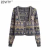 Zeefity vrouwen vintage vierkante kraag bloem print jacquard breien trui vrouwelijke lange mouw chique cardigans jas tops s652 210805