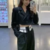 Koreanska Casual Höst Kvinnor Blazers Set Ol Crop Top och Hit Färg Patchwork Byxor Passar Kvinna Streetwear 2 Pieces Set 210514