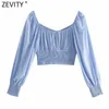 Zevenity Franse stijl vrouwen v-hals effen kleur korte shirt femme bladerdeeg mouw zoom elastische geplooide slanke blouse chic crop tops LS9347 210603