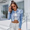 Azul colhido jeans jaquetas mulheres manga puff com bolsos de botão casaco vintage outono inverno streetwear rasgado jean outwear 211014