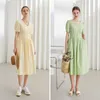 FANSILANEN Office Lady V-neck Puff Sleeve Yellow Green Dress female Summer Casual Long Clothes For Women 210607