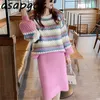 Asapgot Korea Chic Pullovers Sticka O Neck Lantern Sleeve Tröjor Kvinnor Lösa Lazy Sweet High Waist Straight Strikked Kjol Sets 210610