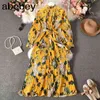 Spring Women Dress Folk Polyester Long Sleeve Lace-up Pleated Dress Beauty Ladies Flowers Printed Mid-calf Swing Long Dresses 210715