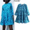 Robe Bleu Floral Imprimé Court es Femmes Casual Volants Mini Été Femme Mode Ruché Vintage es 210519