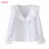Mode Kvinnor LAPEL Långärmad broderad ihålig T-shirt Vintage dubbelbröst designskjorta Chic kvinnliga toppar 210507