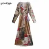 Spring Women Vintage Patchwork Floral Print Dress Female Cross V Neck A-line Casual Wrap Long Plus Size Vestido 210430