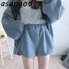 Mode Höst Blå Två Pieces Set Casual Lantern Sleeve Zip Up Sweatshirts Hoodies Jacket Wide Leg Shorts Preppy Style 210429