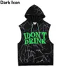 Tie Dyeing Printed Men's T-shirt with Hoodie Sleeveless Terry Material Hip Hop Tshirts Black White 210603