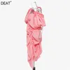 spring and summer asymmetrical collar puff sleeves high waist irruglar pink sexy dress vacation WM29211L 210421