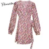 Yitimuceng Vintage Bandażer Kwiatowy Pint High Waist Mini Sukienki Kobiety A-Line V-Neck Spring French Fashion Słodka sukienka 210601
