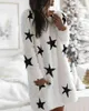 Winter Frauen Elegante Sterne Druck Tasche Design Teddy Kleid Casual Flauschigen Langarm Mini Kleid Nette Tägliche Outfits Neue 210415