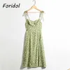 Foridol Daisy Print Green Summer Dress Women Strap Lace Up Slit Maxi Long Boho A-Line Beach Australia 210415