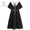 Preto Francês Fadas Vestido Verão Novas Mulheres Lolita Menina Estilo Lace Up V-Pescoço Vintage Vestido Casual Partido Plissado Longo Vestidos 210417