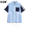 [EAM] Kobiety Duży rozmiar kropki kieszenie wstążka Blue Bluzka Lapel Z Krótkim Rękawem Luźna Koszula Moda Lato 1DD7604 21512