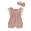 Summer Born Girls Pani Ustawiają Rękawę Rękaw Solid Print Lace Design Romper Kombinezon z opaską na głowę S 211101