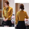 Blusa de arco sólido elegante moda amarelo chiffon camisa mulheres outono carrinho colarinho de manga longa cardigan tops 11548 210417