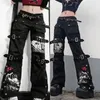 Kadın Kot Kadın Goth Punk Yüksek Bel Harajuku Metal Toka Kemer Hip Hop Baskı Kargo Pantolon Geniş Bacak Baggy Gevşek Denim Pantolon Stree