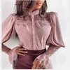 Lente vrouwen mode elegant blouse shirt geborduurd kanten lapwerk wijd uitlopende lange mouwen knoppen kantoor dame solide blouses dames shirts